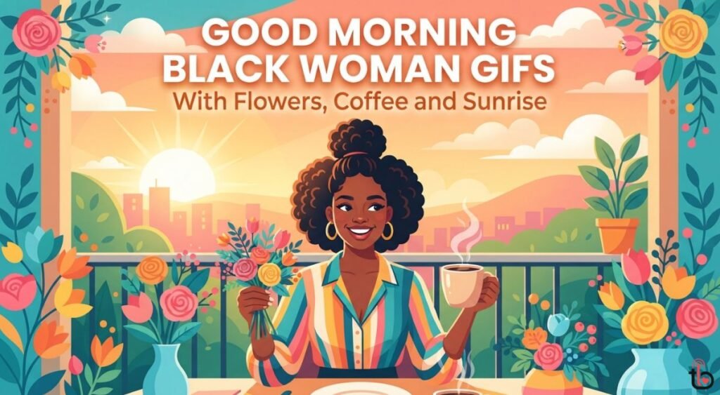Good Morning Black Woman GIFs With Flowers, Coffee and Sunrise